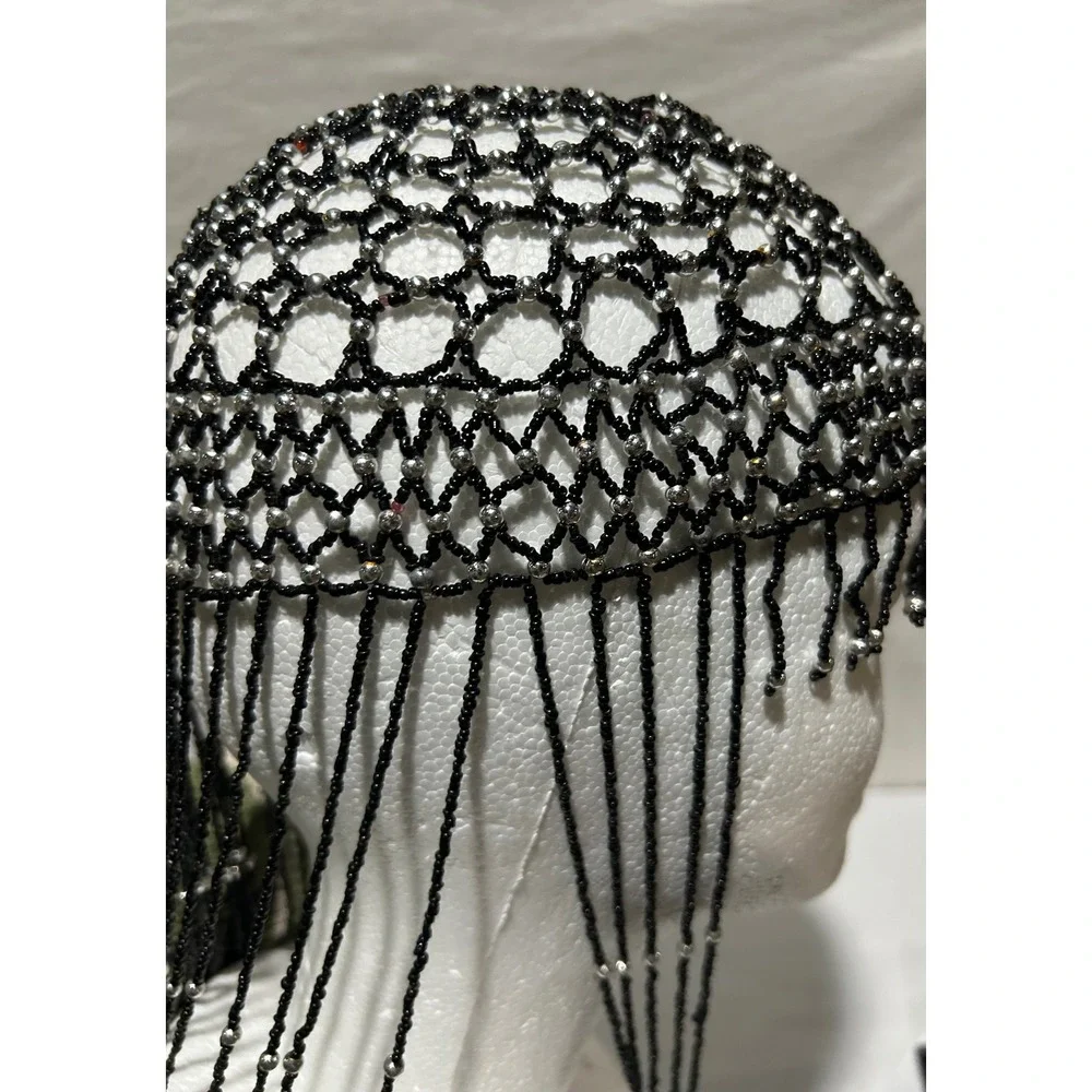 Black‎ Beaded Cleopatra Festival Headpiece Mesh Fringe Hair Cap Boho Goth Gatsby